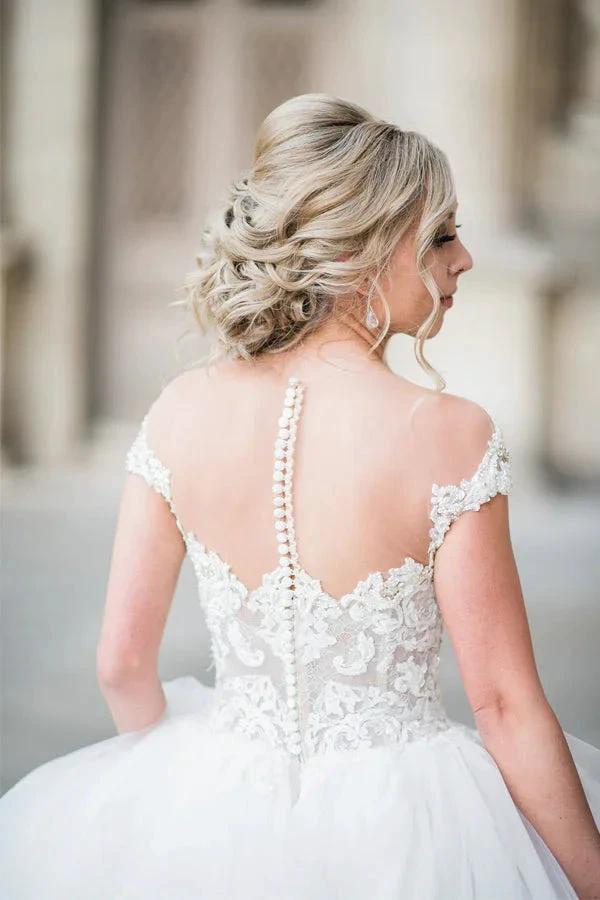 Ball Gown Elegant Cap Sleeves Lace Tulle Wedding Dress (ZD16132)