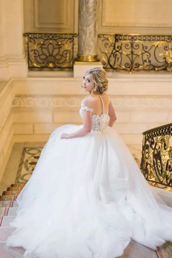 Ball Gown Elegant Cap Sleeves Lace Tulle Wedding Dress (ZD16132)
