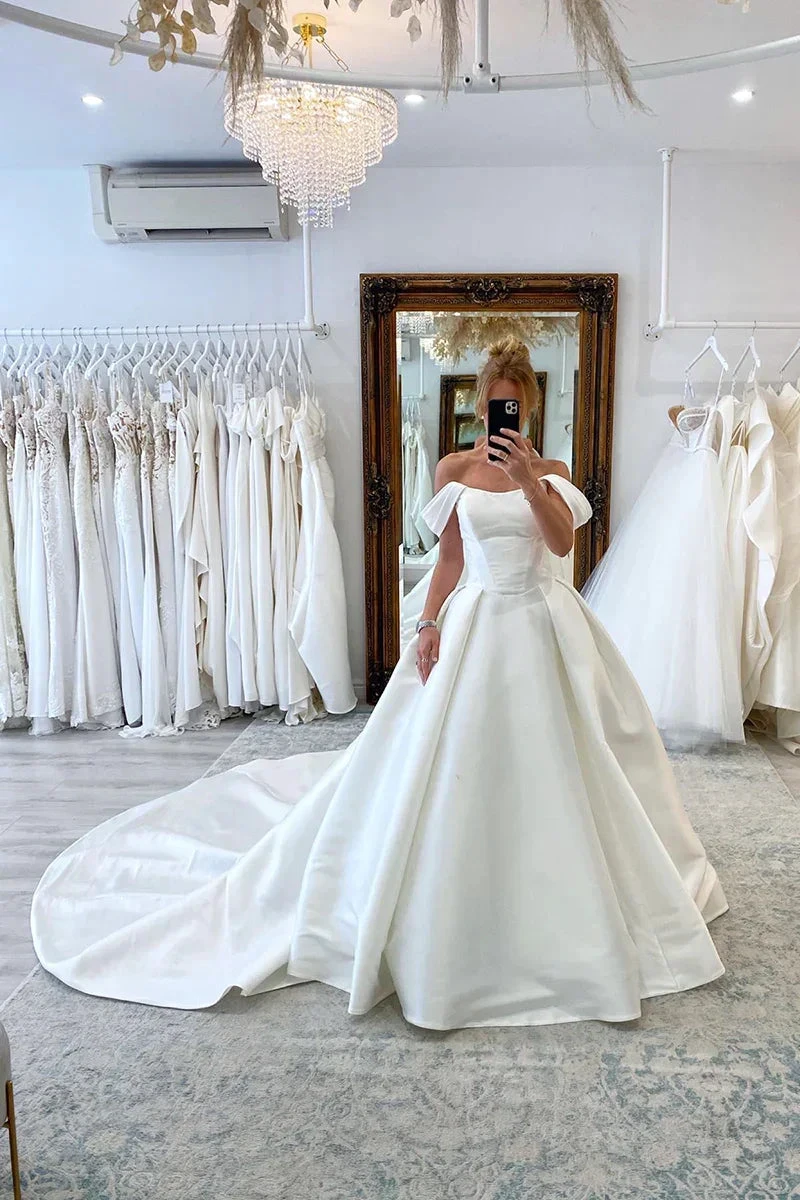 Ball Gown Off The Shoulder Satin Simple Wedding Dress Bridal Gown (ZD16169) - VelvetHem