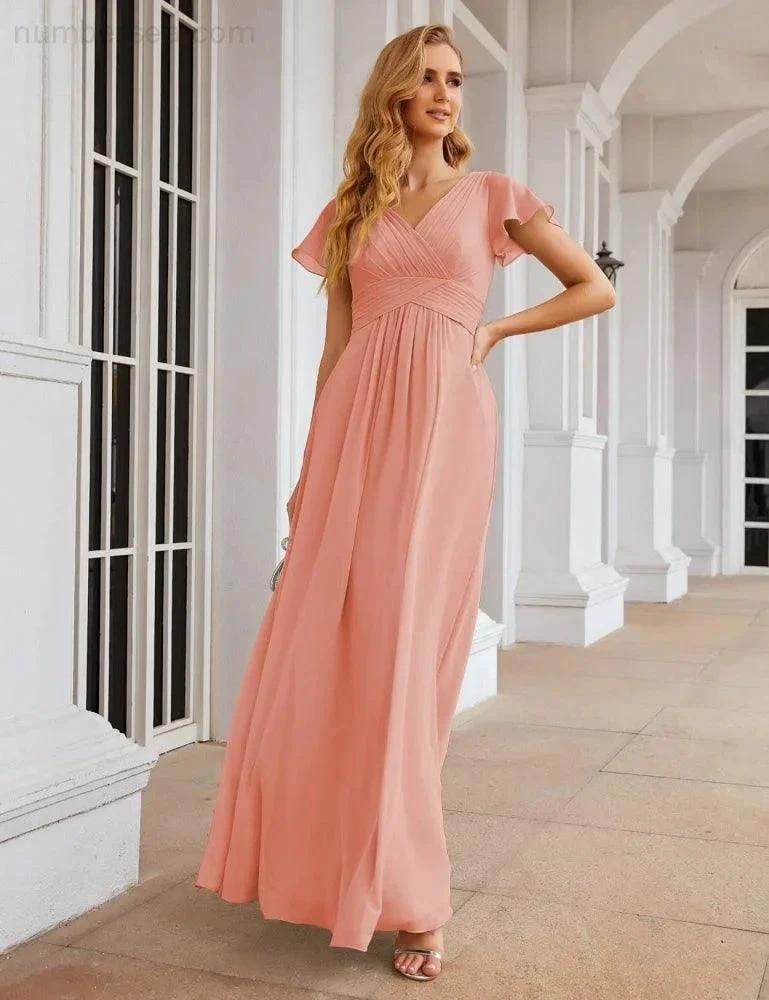 ZapDress Chiffon Bridesmaid Dress Cap Sleeves Maxi Prom Gowns Party Wedding Mother of The Bride Dresses for Women (ZD17035)