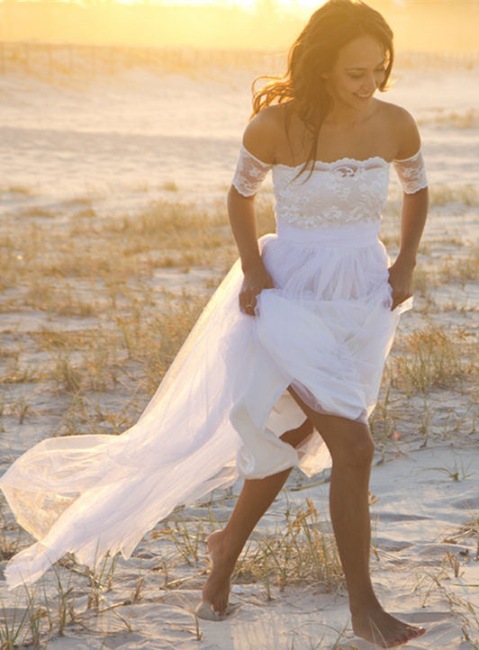 Bateau Short Sleeve White Chiffon Beach Wedding Dress Latest Simple Lace Summer Beach Bridal Gowns