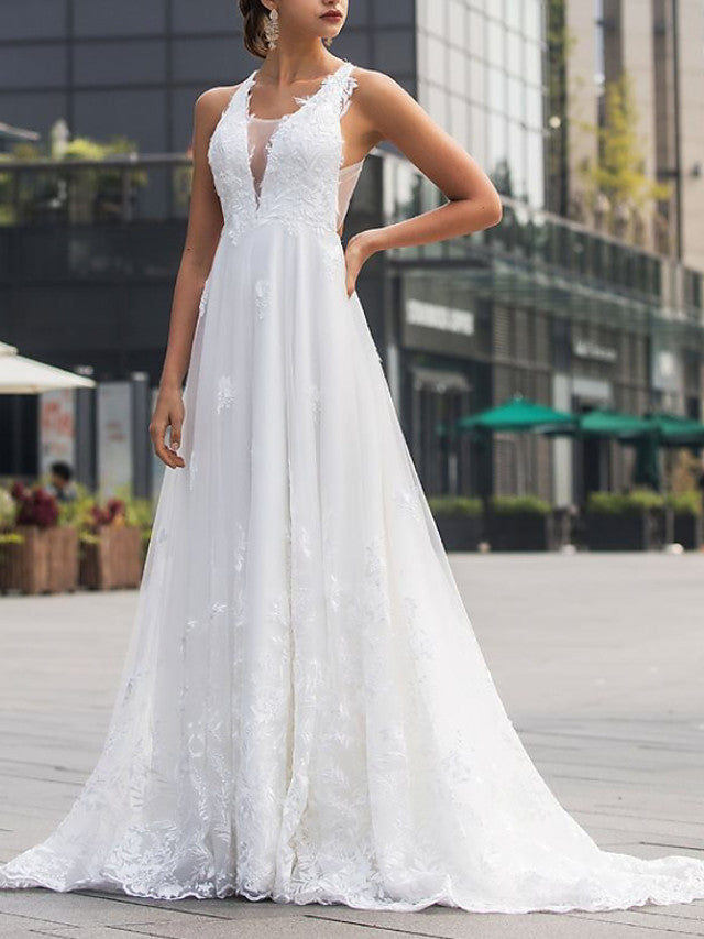 Beach A-Line Beach Wedding Dress V-Neck Lace Tulle Sleeveless Sexy Backless Bridal Gowns with Sweep Train