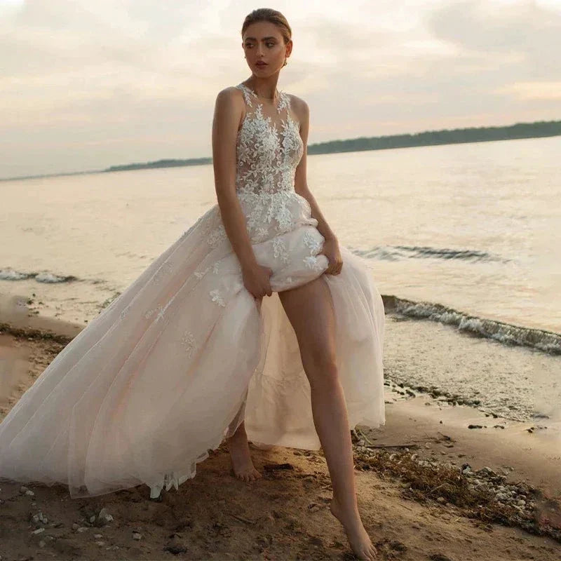 Beach A-Line Wedding Dresses O-neck Sleeveless Vestidos De Novia Custom Made Appliques Vestido De Noiva (ZD14053)
