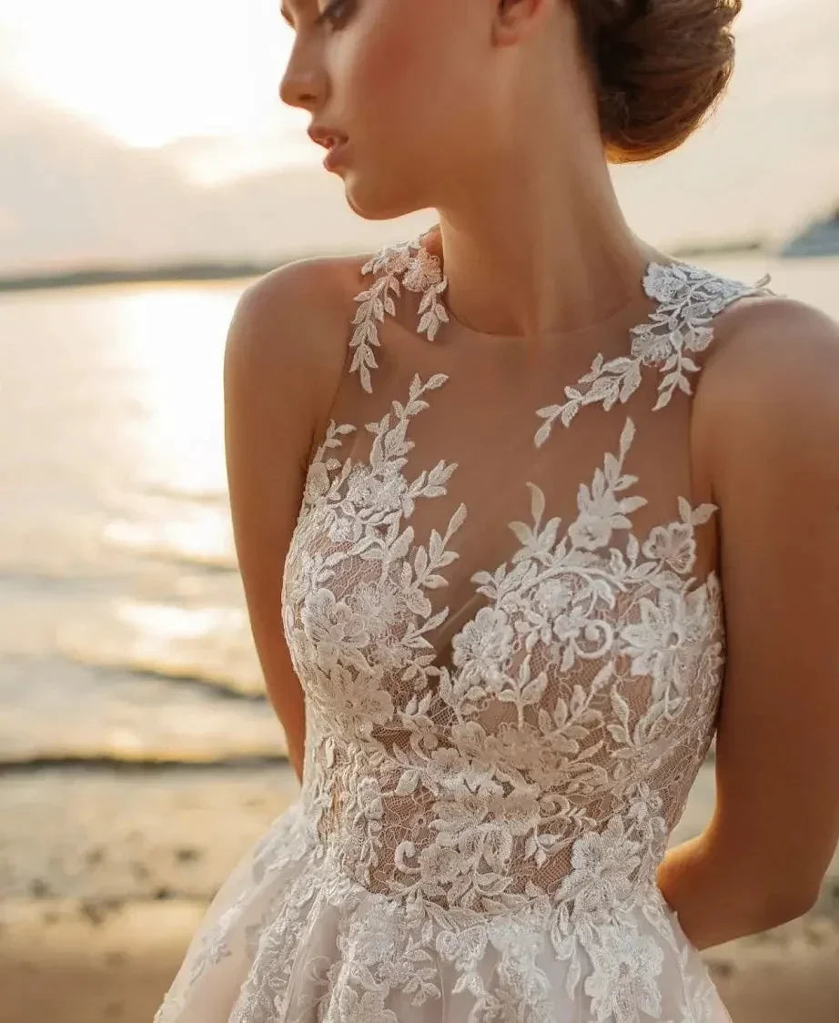 Beach A-Line Wedding Dresses O-neck Sleeveless Vestidos De Novia Custom Made Appliques Vestido De Noiva (ZD14053)