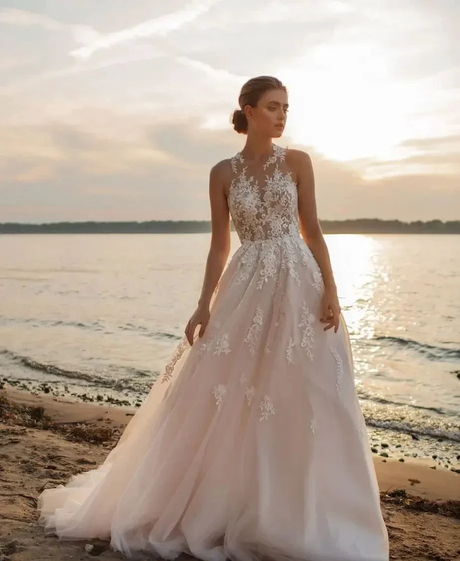 Beach A-Line Wedding Dresses O-neck Sleeveless Vestidos De Novia Custom Made Appliques Vestido De Noiva by payinti