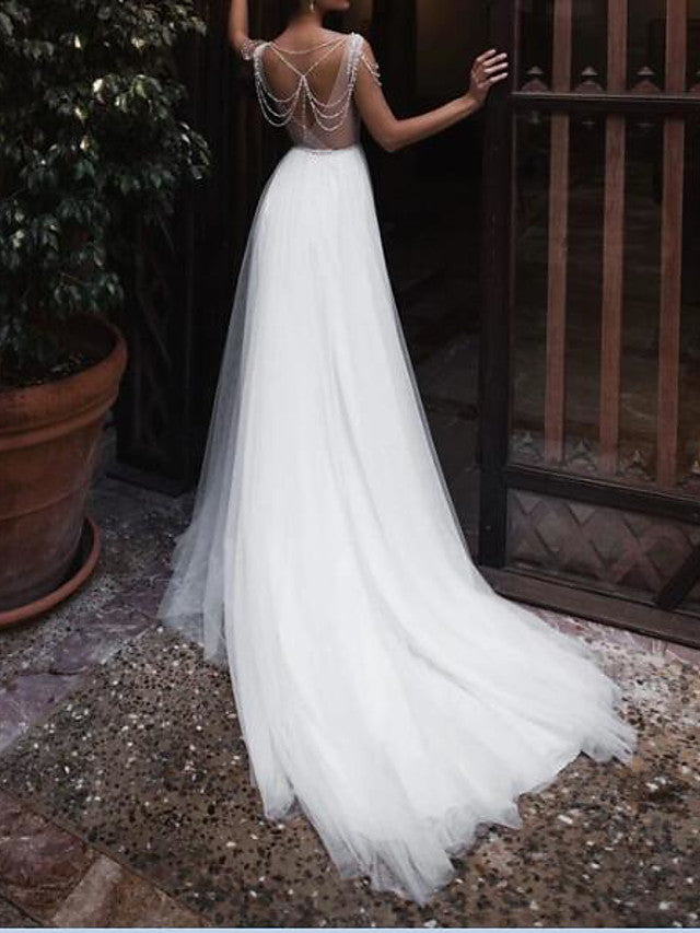 Beach Boho A-Line Beach Wedding Dress Jewel Chiffon Lace Tulle Sleeveless Sexy See-Through Bridal Gowns with Court Train