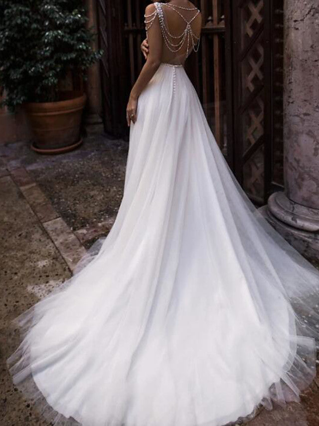 Beach Boho A-Line Beach Wedding Dress Jewel Chiffon Lace Tulle Sleeveless Sexy See-Through Bridal Gowns with Court Train
