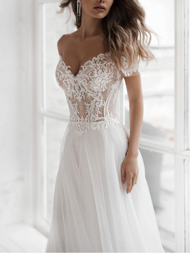 Beach Boho A-Line Beach Wedding Dress Off Shoulder Lace Tulle Short Sleeve Sexy See-Through Bridal Gowns with Sweep Train