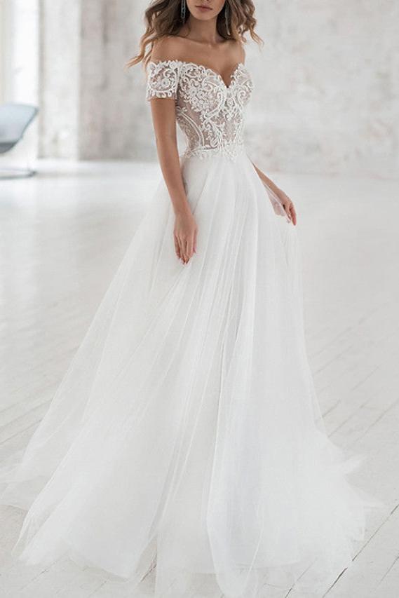 Beach Boho A-Line Beach Wedding Dress Off Shoulder Lace Tulle Short Sleeve Sexy See-Through Bridal Gowns with Sweep Train