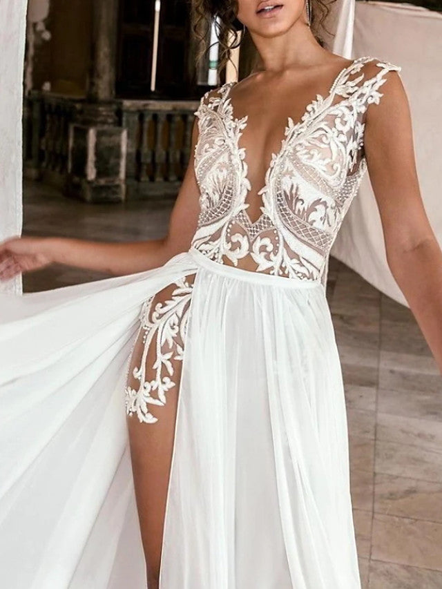 Beach Boho A-Line Beach Wedding Dress Plunging Neck Chiffon Lace Cap Sleeve Sexy See-Through Bridal Gowns with Sweep Train
