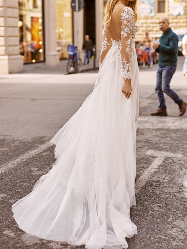 Beach Boho A-Line Beach Wedding Dress V-neck Lace Tulle Long Sleeve Sexy See-Through Bridal Gowns