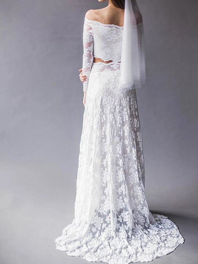 Beach Boho Two Piece Beach Wedding Dress Off Shoulder Lace Long Sleeve Sexy Bridal Gowns Sweep Train