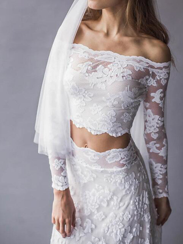 Beach Boho Two Piece Beach Wedding Dress Off Shoulder Lace Long Sleeve Sexy Bridal Gowns Sweep Train