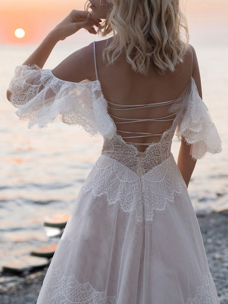 Beach Off The Shoulder V Neck Lace Backless A-Line Beach Wedding Dresses