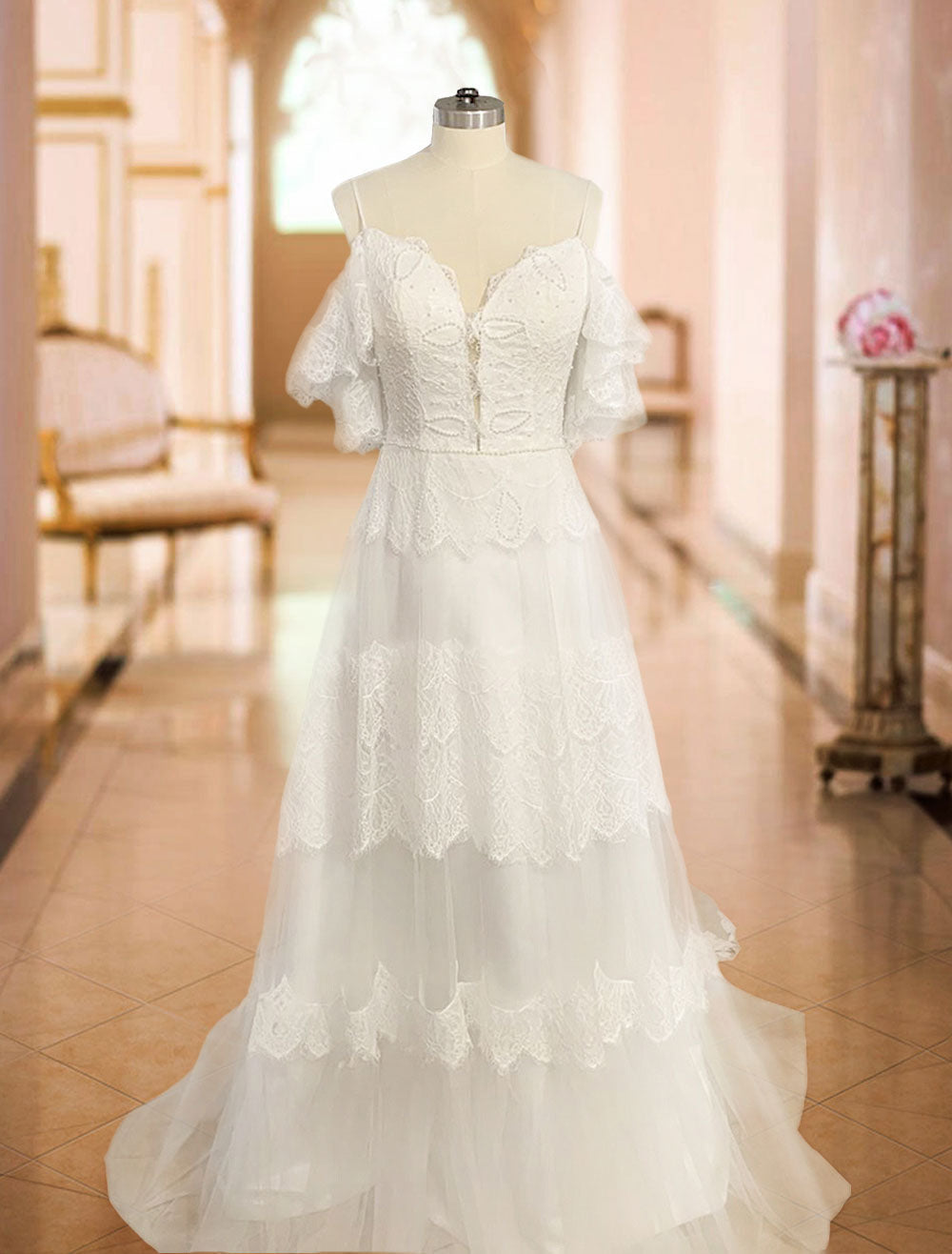 Beach Off The Shoulder V Neck Lace Backless A-Line Beach Wedding Dresses