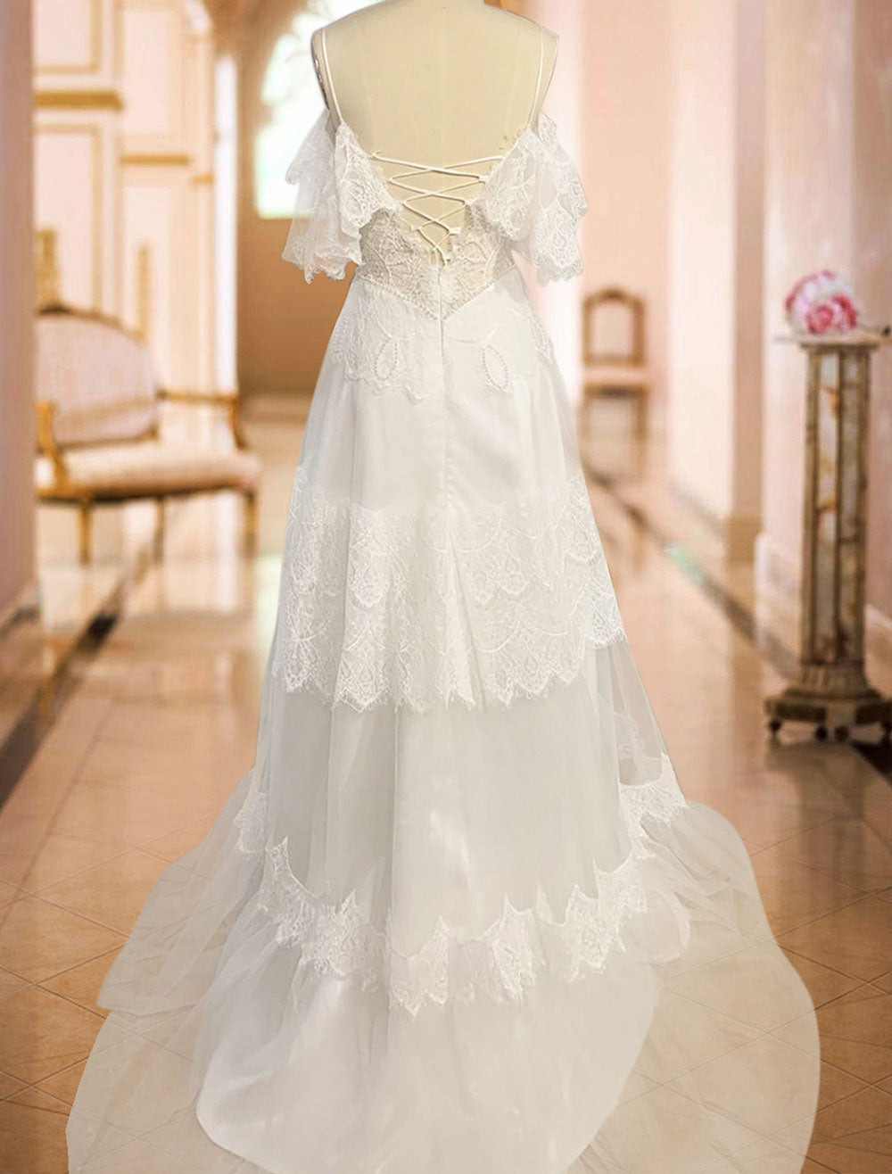 Beach Off The Shoulder V Neck Lace Backless A-Line Beach Wedding Dresses
