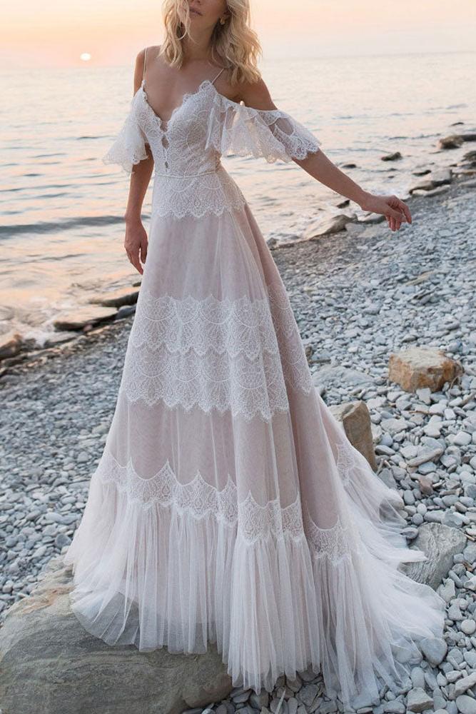 Beach Off The Shoulder V Neck Lace Backless A-Line Beach Wedding Dresses