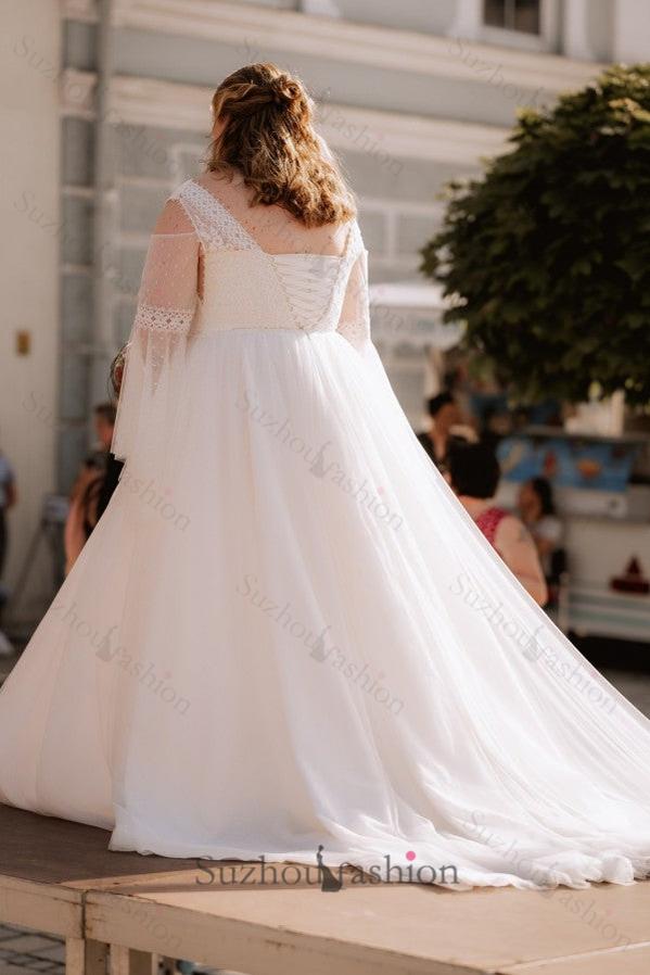 Beach Plus Size Wedding Dress Long Sleeve Lace A Line Boho Bridal Gown