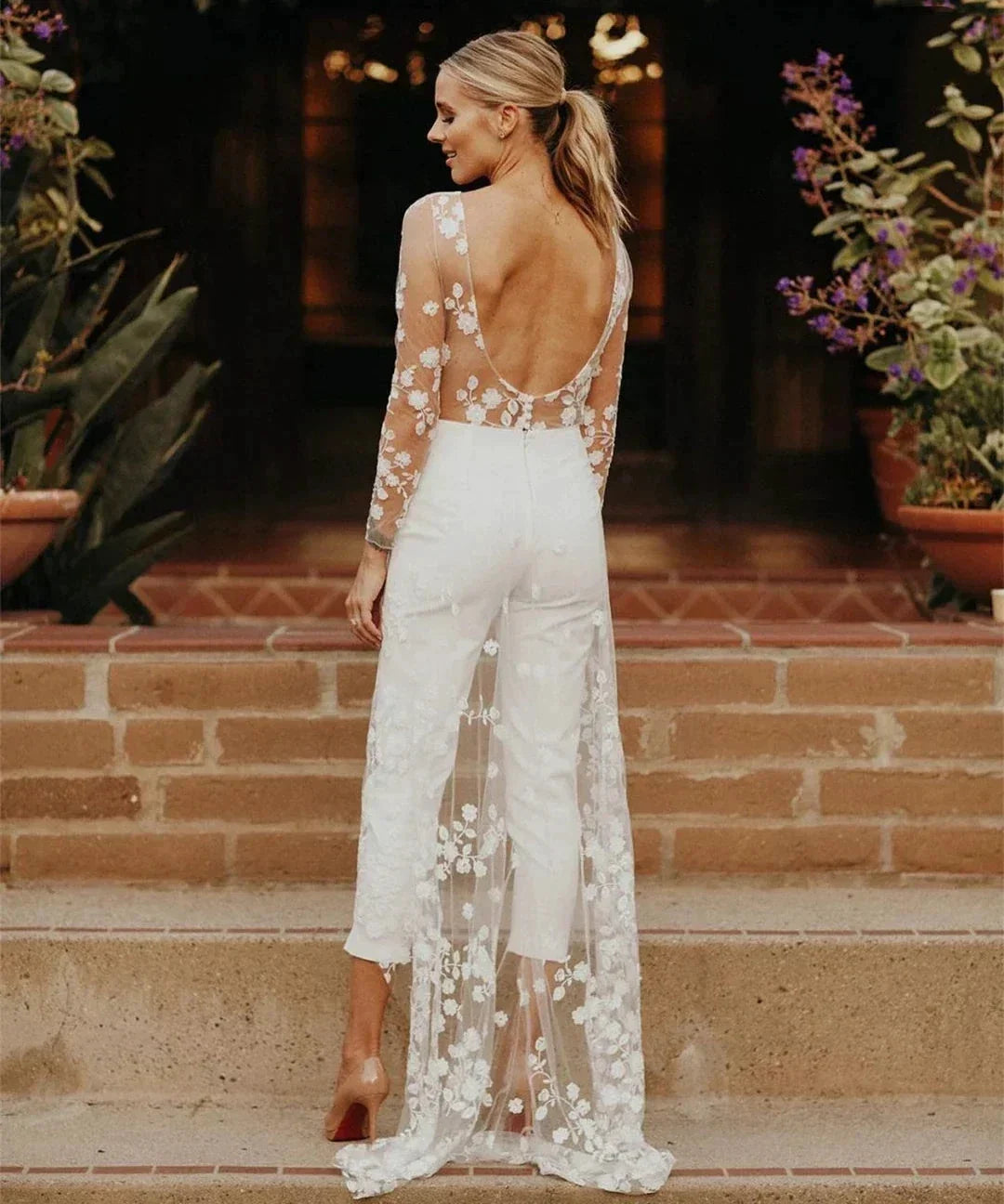 Beach Sexy Open Back Pants Suit Wedding Dresses For Women Applique Lace Long Sleeves Bridal Gowns Cheap New Vestido De Novia (ZD14243)