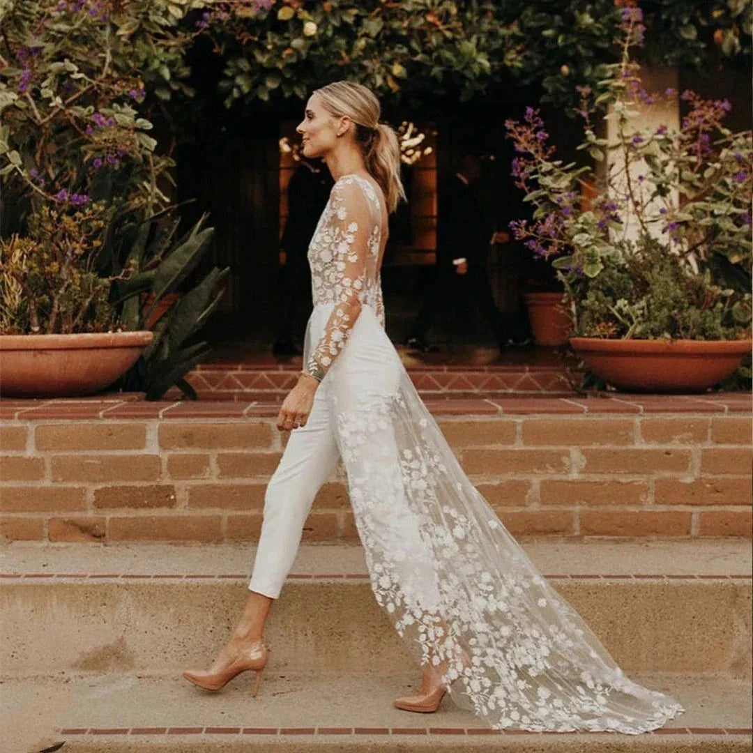 Beach Sexy Open Back Pants Suit Wedding Dresses For Women Applique Lace Long Sleeves Bridal Gowns Cheap New Vestido De Novia (ZD14243)