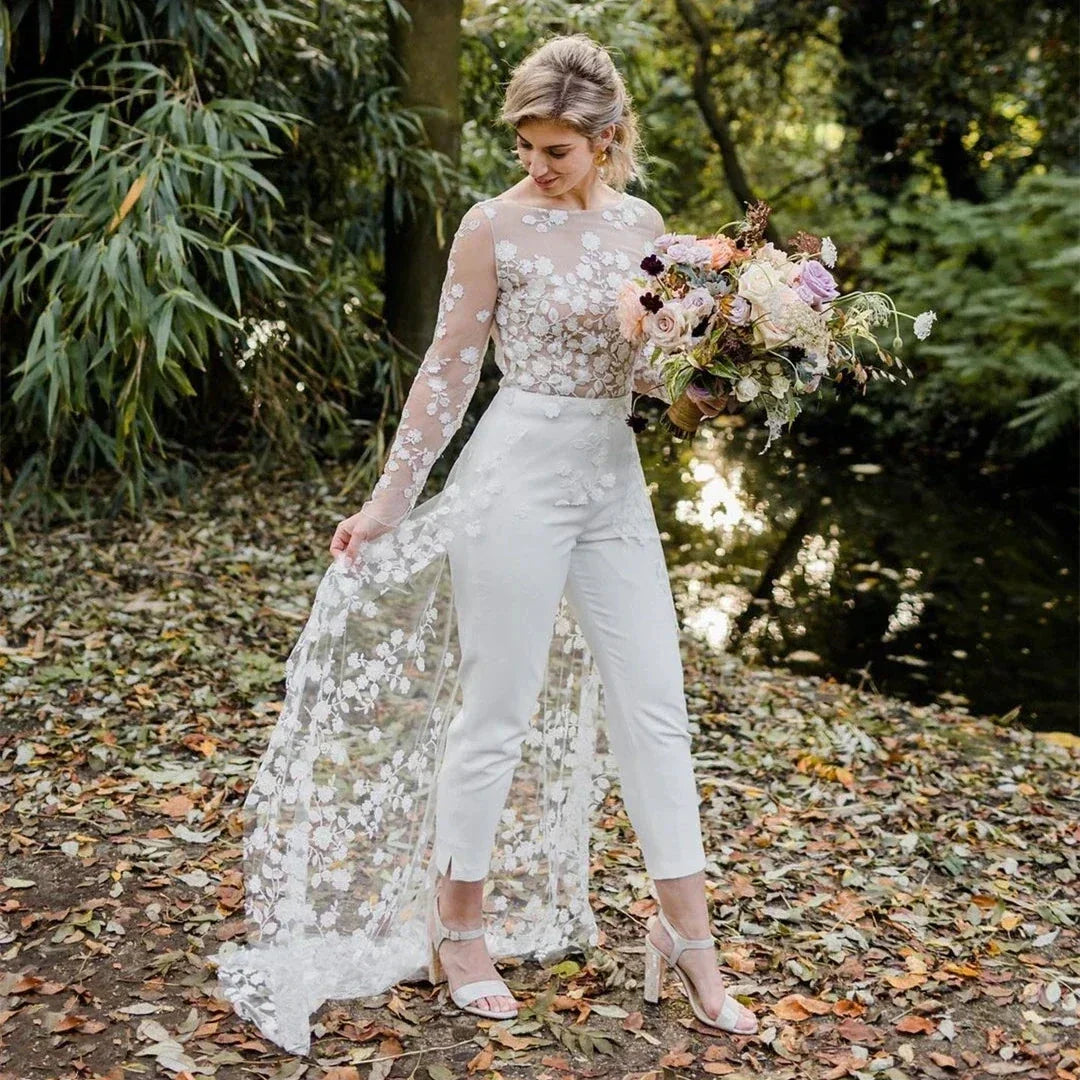 Beach Sexy Open Back Pants Suit Wedding Dresses For Women Applique Lace Long Sleeves Bridal Gowns Cheap New Vestido De Novia (ZD14243)