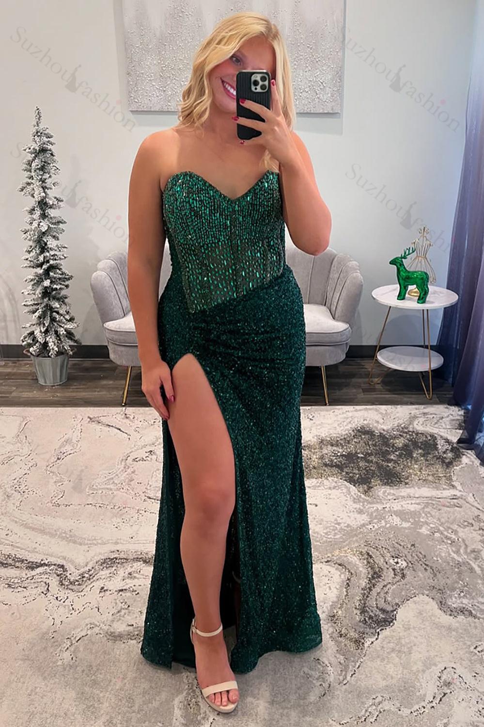 Beaded Blue Prom Dress Sweetheart Long Formal Dress With Slit