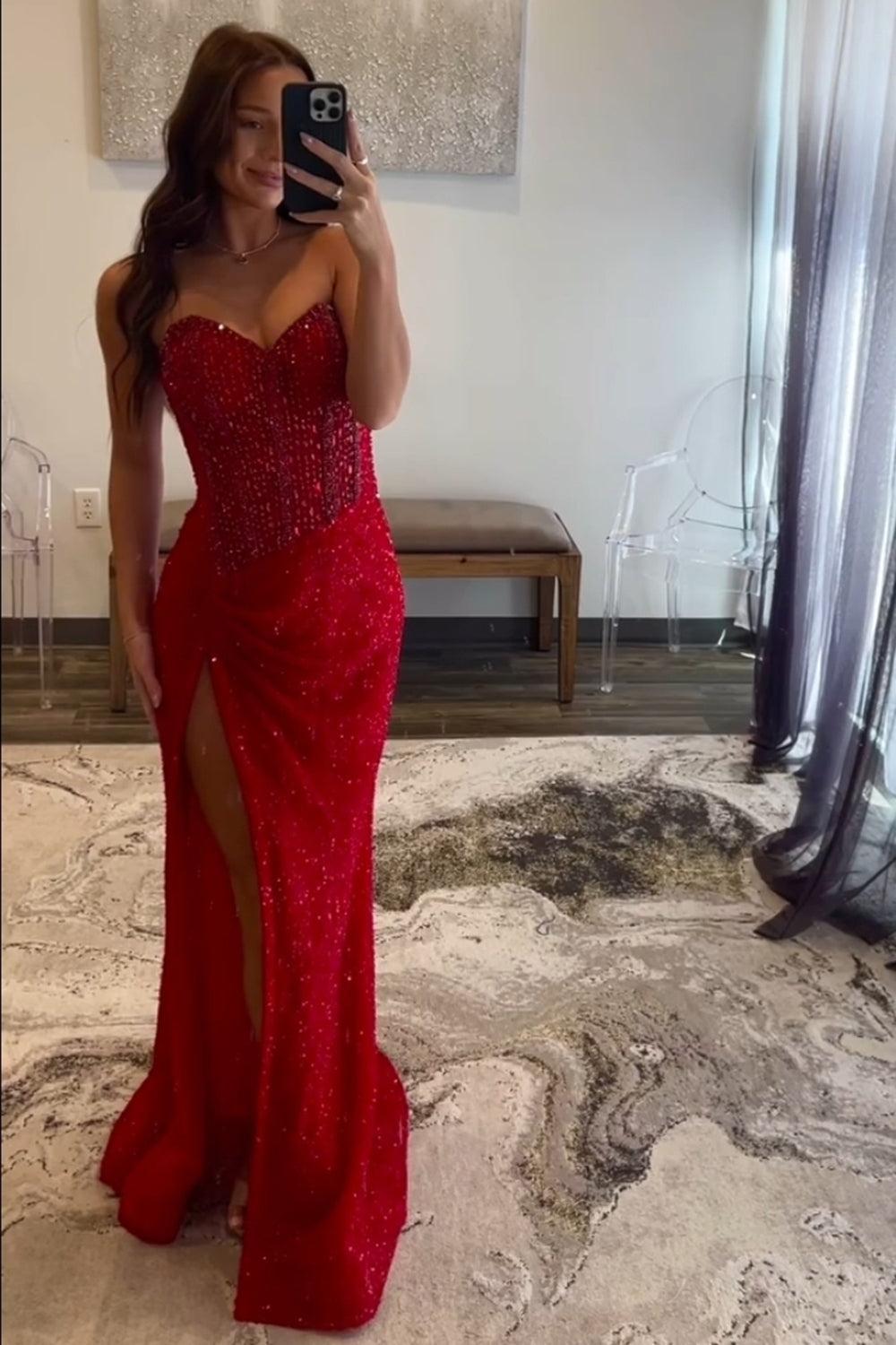 Beaded Blue Prom Dress Sweetheart Long Formal Dress With Slit