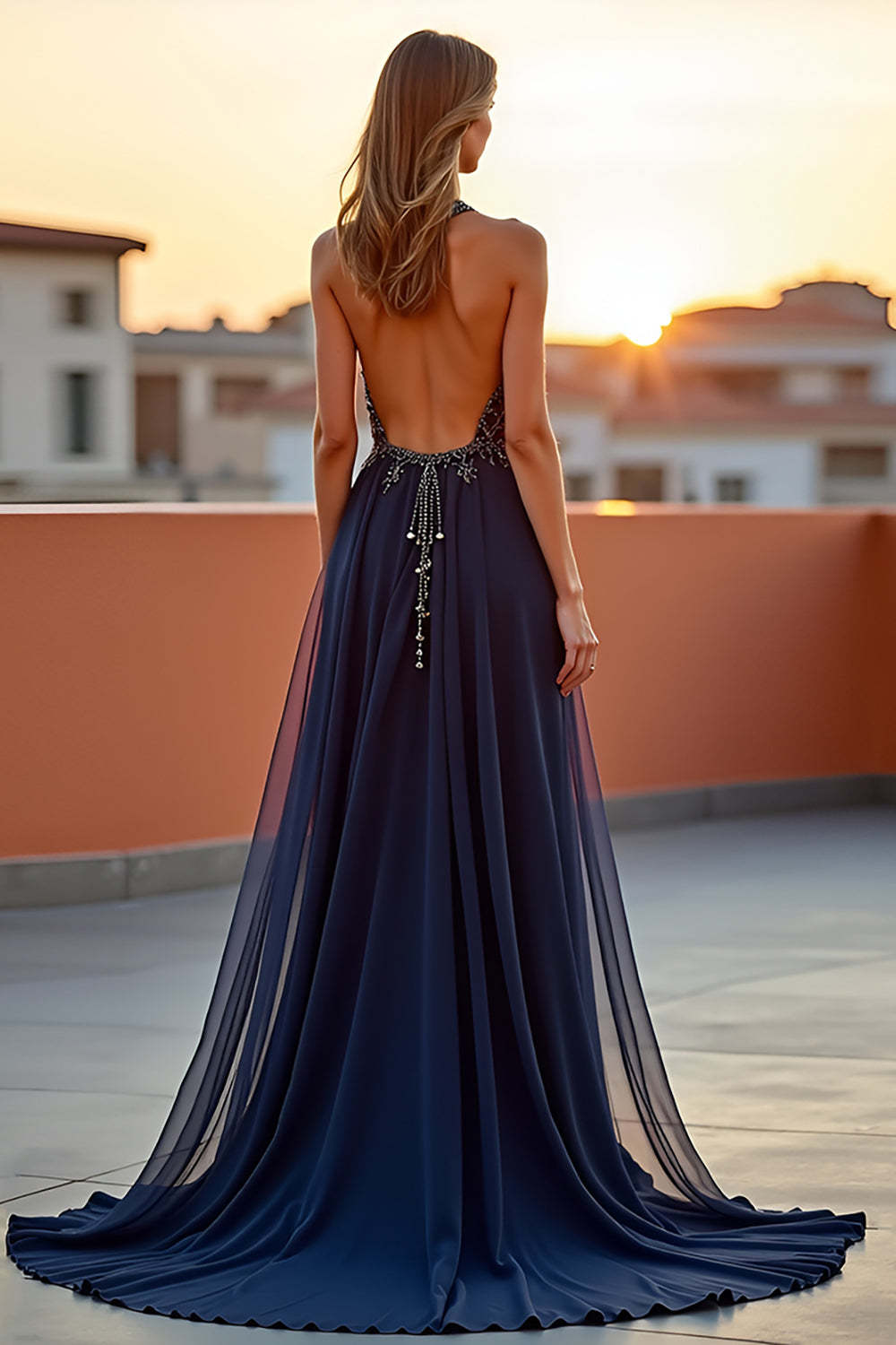 Beaded Navy Wedding Guest Dress Halter Long Formal Dress With Embroideries