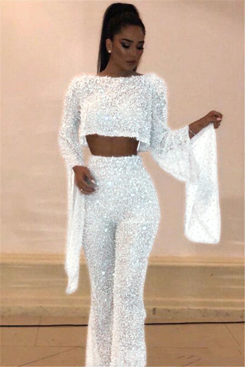 Beaded Sequins Open Back Evening Jumpsuits Luxury Long Sleeves Formal Jumpsuits