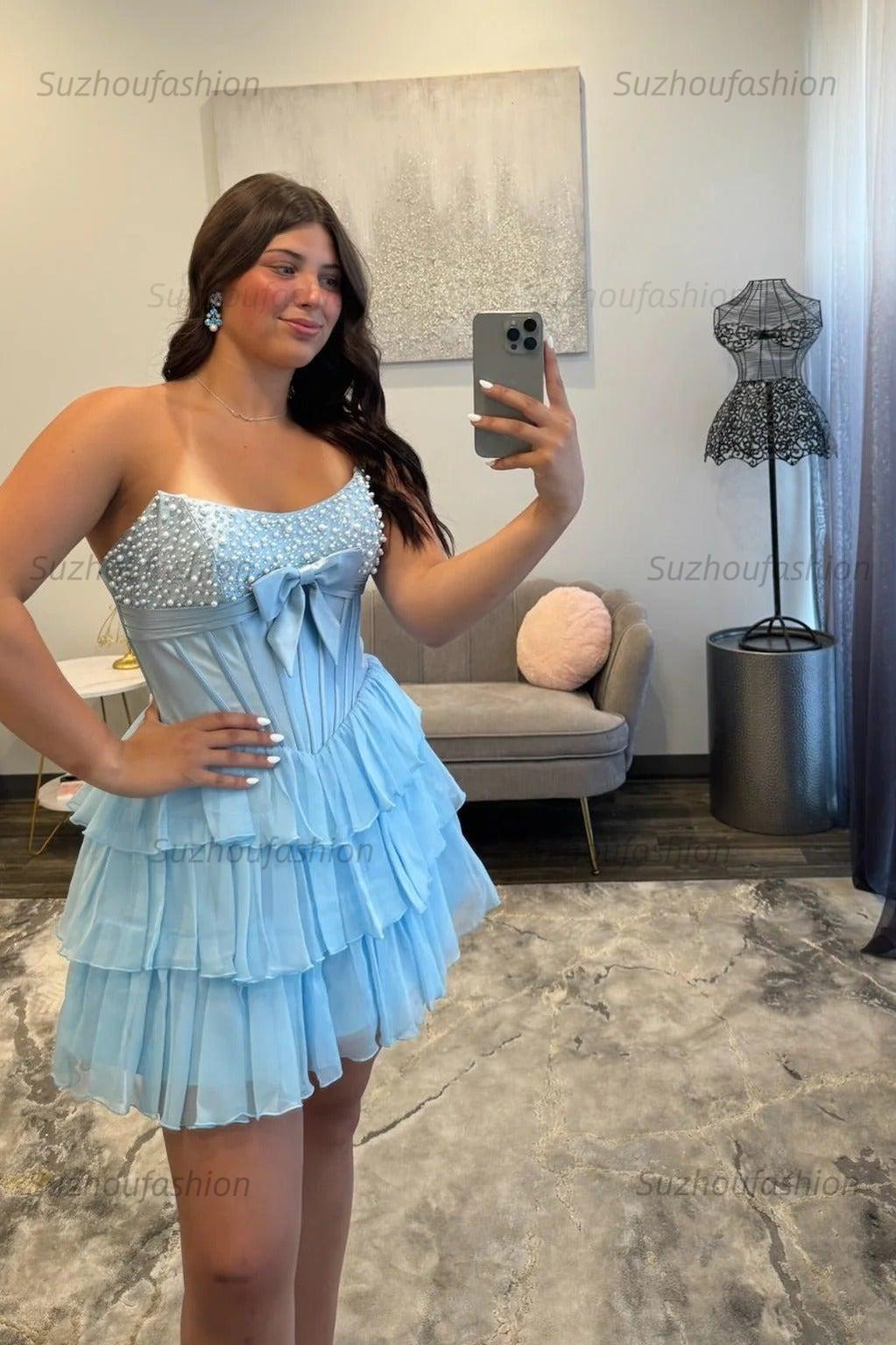 Beaded Strapless Homecoming Dress Tiered Corset Short Cocktail Dress