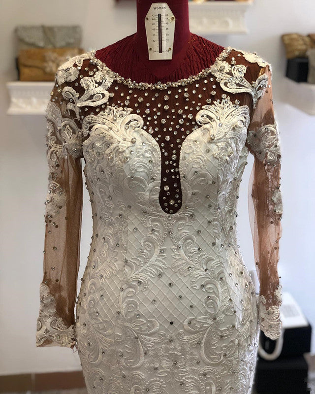 Beading Mermaid Sheer Tulle Wedding Dresses | Appliques Long Sleeve Bridal Dresses