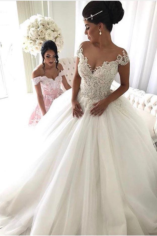 Beads Lace Royal Wedding Dresses Princess Ball Gown Sheer Tulle Sexy Bridal Gowns