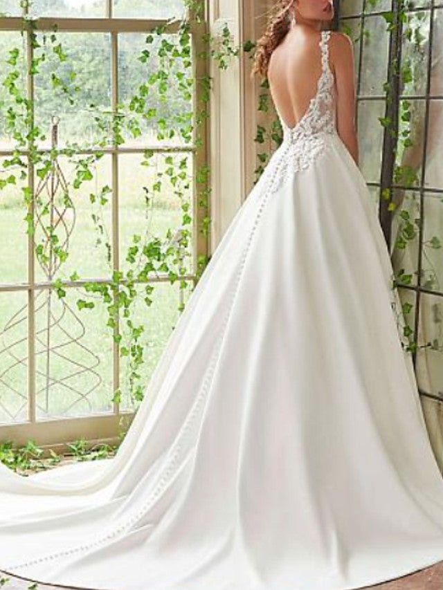 Beautiful A-Line Lace Wedding Dress Satin Straps V-Neck Bridal Gowns On Sale