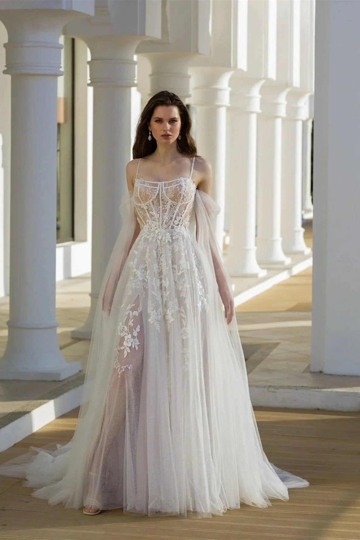 Beautiful A-Line Tulle Lace Spaghetti Straps Long Sleeve White Wedding Dresses With Appliques (ZD15573) - VelvetHem
