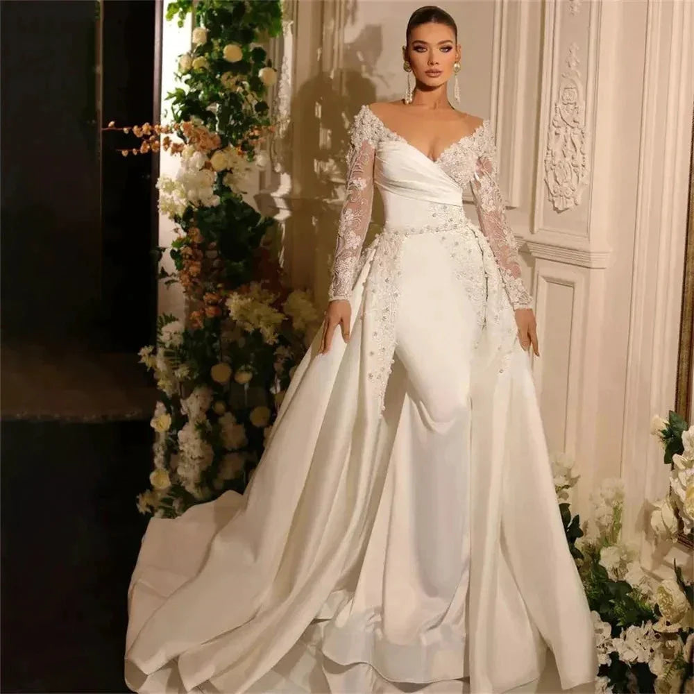 Beautiful A Line Wedding Dresses Gorgeous Satin Deep V-neck Lace Appliques Slimming Beautiful Mopping Beach Bridal Gown 2023 by payinti
