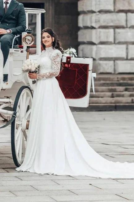 Beautiful A-line Long High Neck Lace Chiffon Wedding Dresses with Long Sleeves (ZD15625)