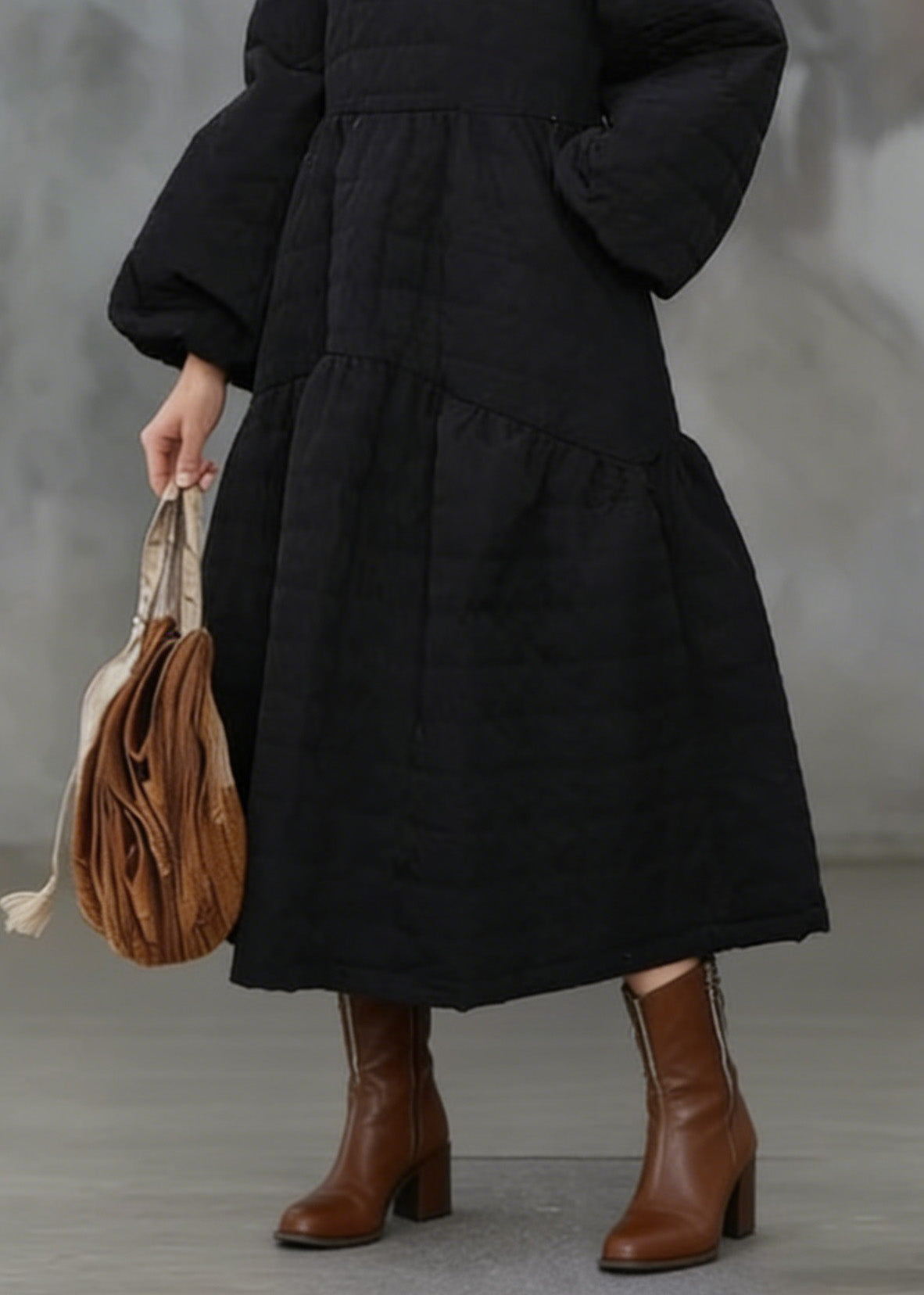 Beautiful Black O Neck Pockets Patchwork Fine Cotton Filled Dress Winter