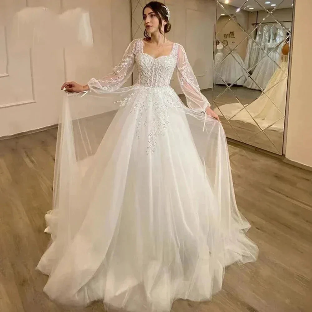 Beautiful Fluffy Long Sleeves Lace Appliques Square Neck Mopping Wedding Dresses White Fascinating Elegant Wedding Dresses Women by payinti