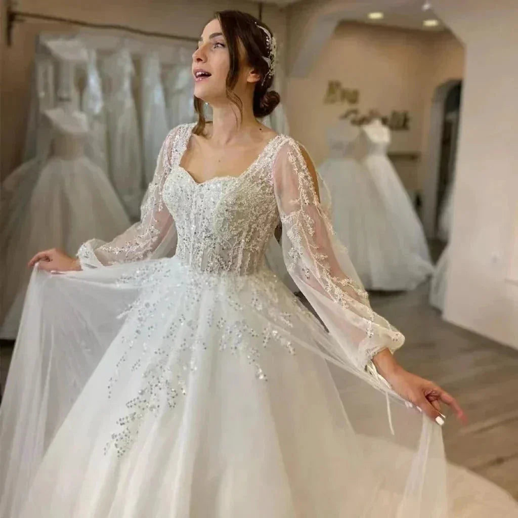 Beautiful Fluffy Long Sleeves Lace Appliques Square Neck Mopping Wedding Dresses White Fascinating Elegant Wedding Dresses Women (ZD13530)