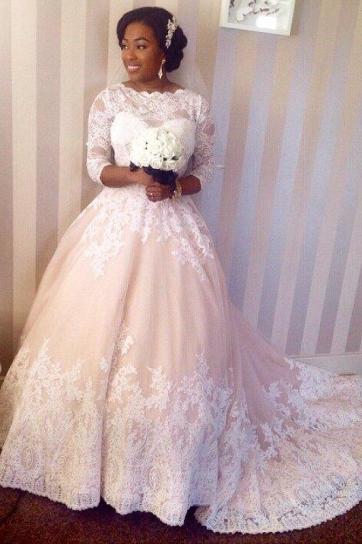 Beautiful Lace 3/4 Sleeve Long Ball Gown Wedding Dress New Arrival Custom Made Formal Bridal Gowns