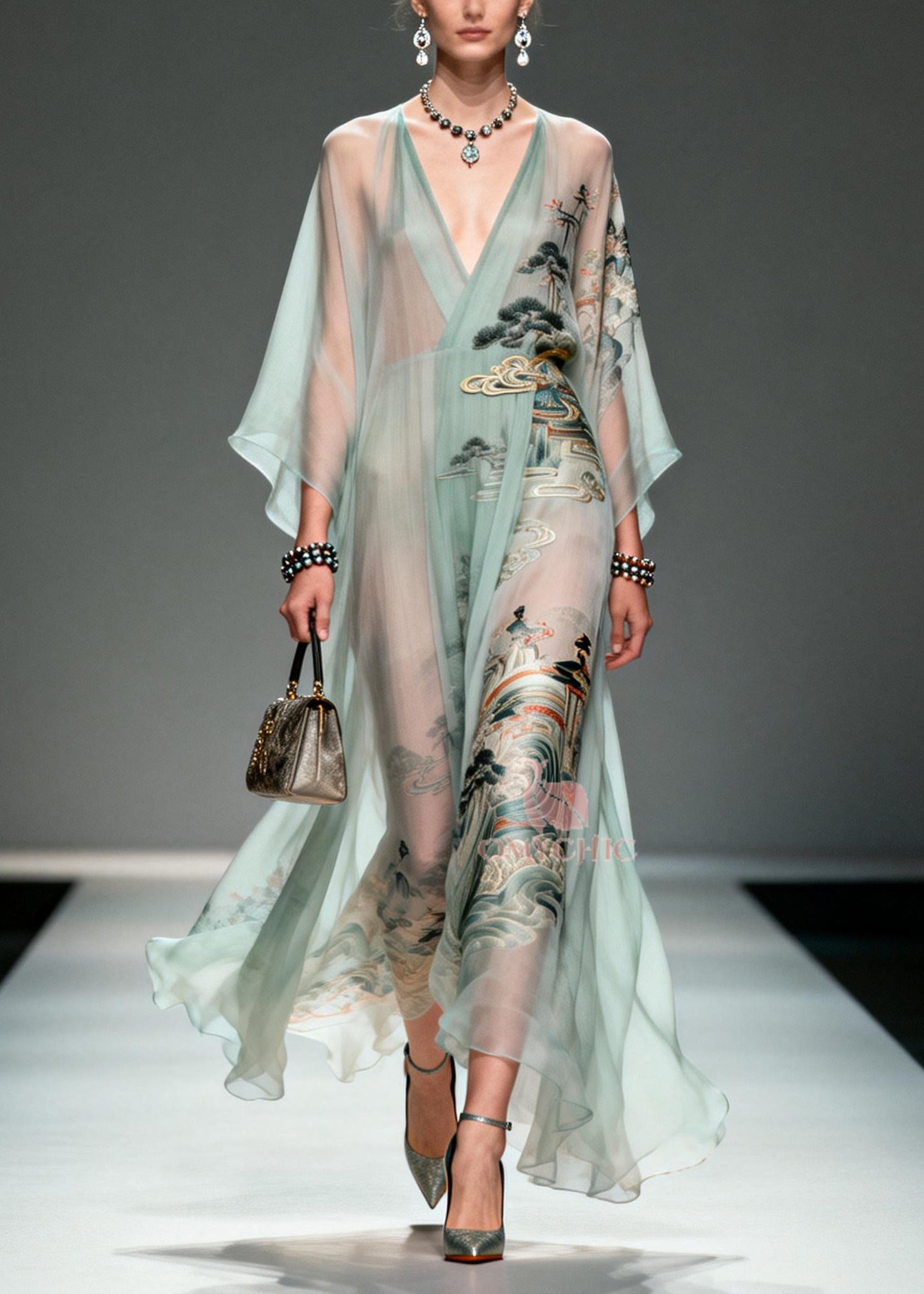 Beautiful Lake Green Oversized Print Chiffon Robe Dresses Summer
