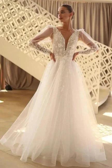 Beautiful Long A-line V-neck Lace Tulle Wedding Dress With Long Sleeves (ZD15582)