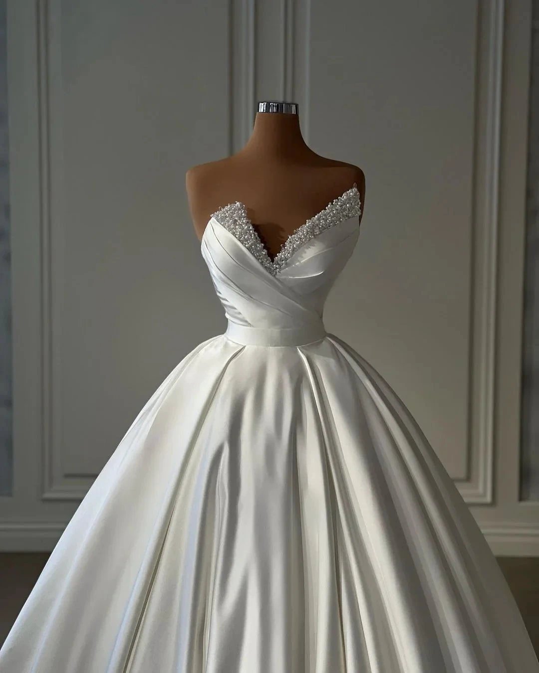 Beautiful Long Ivory A-line Satin Princess Wedding Dress With Pearls (ZD16487)