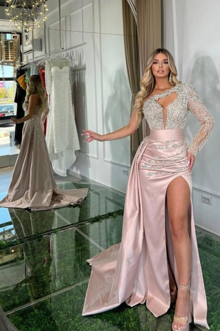 Beautiful Long Pink Mermaid One Shoulder Long Sleeve Glitter Prom Dress With Slit - VelvetHem