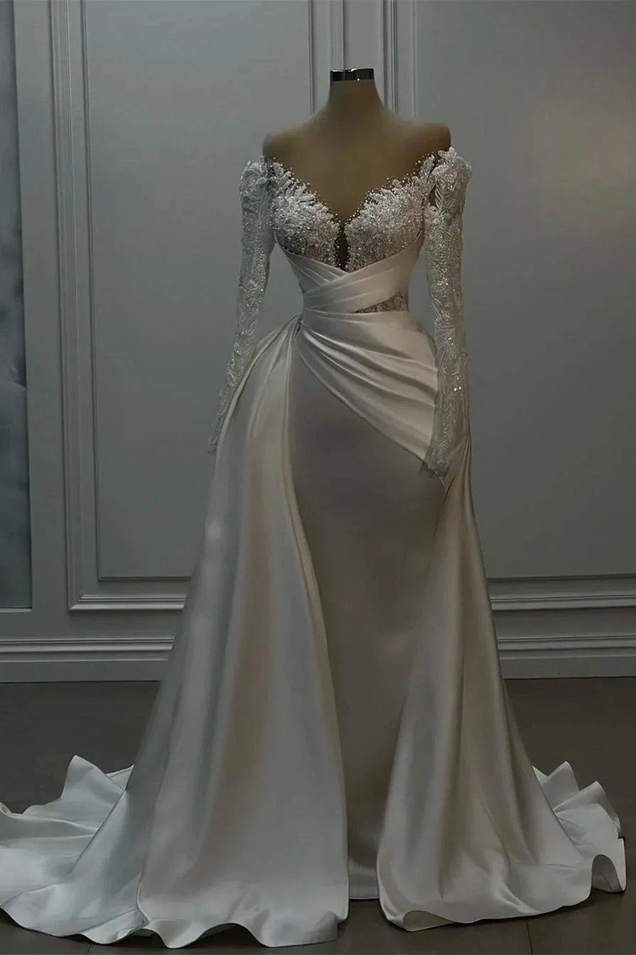 Beautiful Long White A-line Lace Satin Wedding Dress With Long Sleeves (ZD15679) - VelvetHem