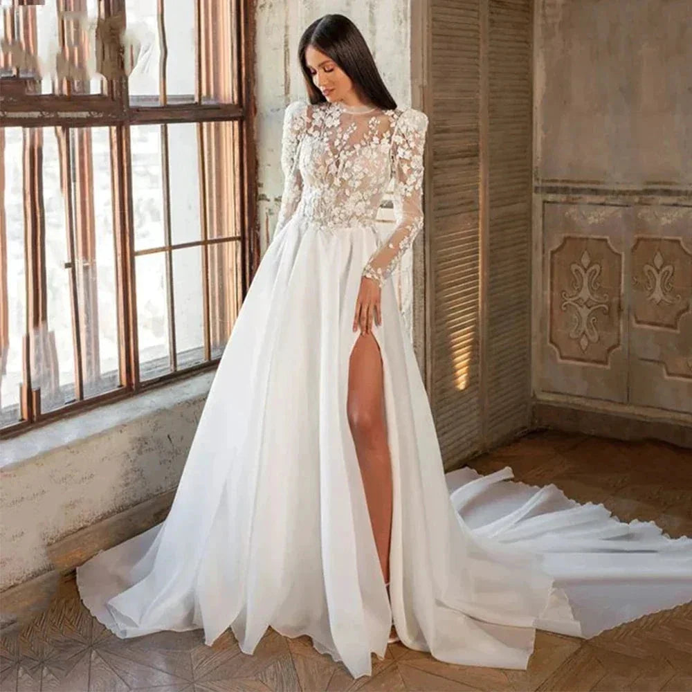 Beautiful Luxury Bohemian High Fork Wedding Dresses A-Line High Neck Lace Tulle Beach Bridal Gown Long Sleeves Sweep Train New by payinti