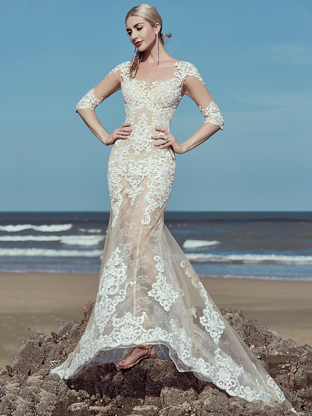 Beautiful Mermaid Beach Wedding Dress Scoop Lace Tulle Half Sleeve Bridal Gowns with Sweep Train