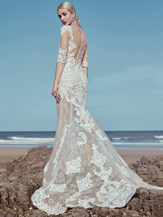 Beautiful Mermaid Beach Wedding Dress Scoop Lace Tulle Half Sleeve Bridal Gowns with Sweep Train