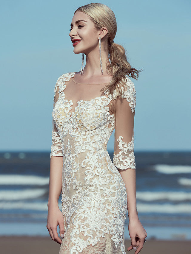 Beautiful Mermaid Beach Wedding Dress Scoop Lace Tulle Half Sleeve Bridal Gowns with Sweep Train