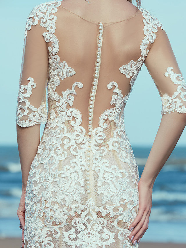 Beautiful Mermaid Beach Wedding Dress Scoop Lace Tulle Half Sleeve Bridal Gowns with Sweep Train